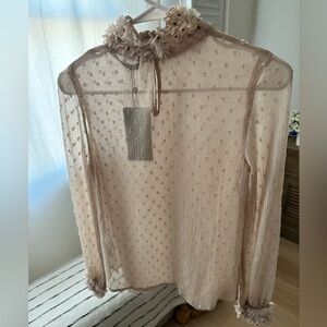 Zara 3D flower Sheer Swiss Dot blouse w/Mock Neck & Beading Size Small